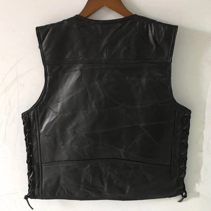 Mens Side Laces Adjustable Black Leather Motorcycle Vest Biker Vests Soft Sheepskin