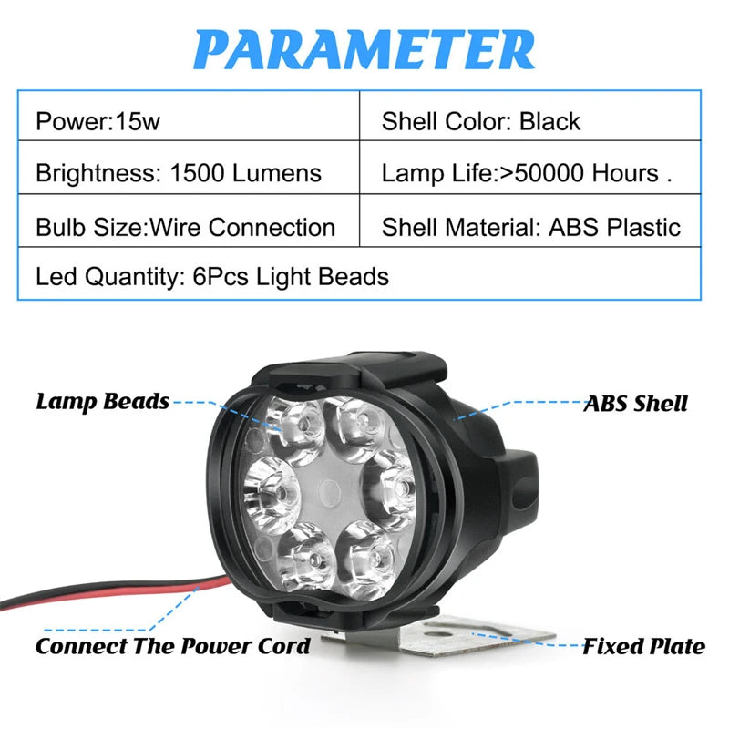 6 LED Motorcycle Headlight Mirror Fog Spot Head Light Spotlight Universal Scooter Fog Spotlight 6000K Lamp Motorcycle Work Light