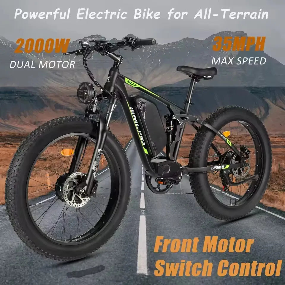 Hots Sales Su7 2000W Dual Motor Electric Bicycle, 7 Speed 35MPH MTB, 48V 22.4AH 26 ''Fat Tire Ebike with Full Suspension