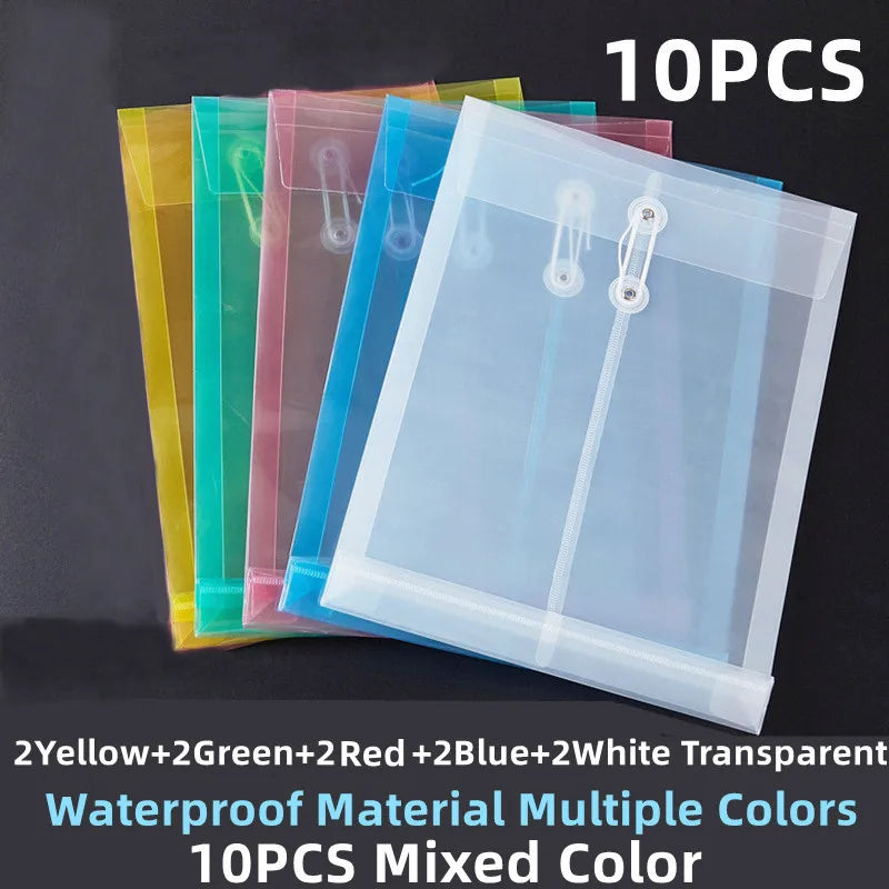A4 10PCS Document Bag Transparent Plastic File Thickened Waterproof Vertical Rope Wrapped