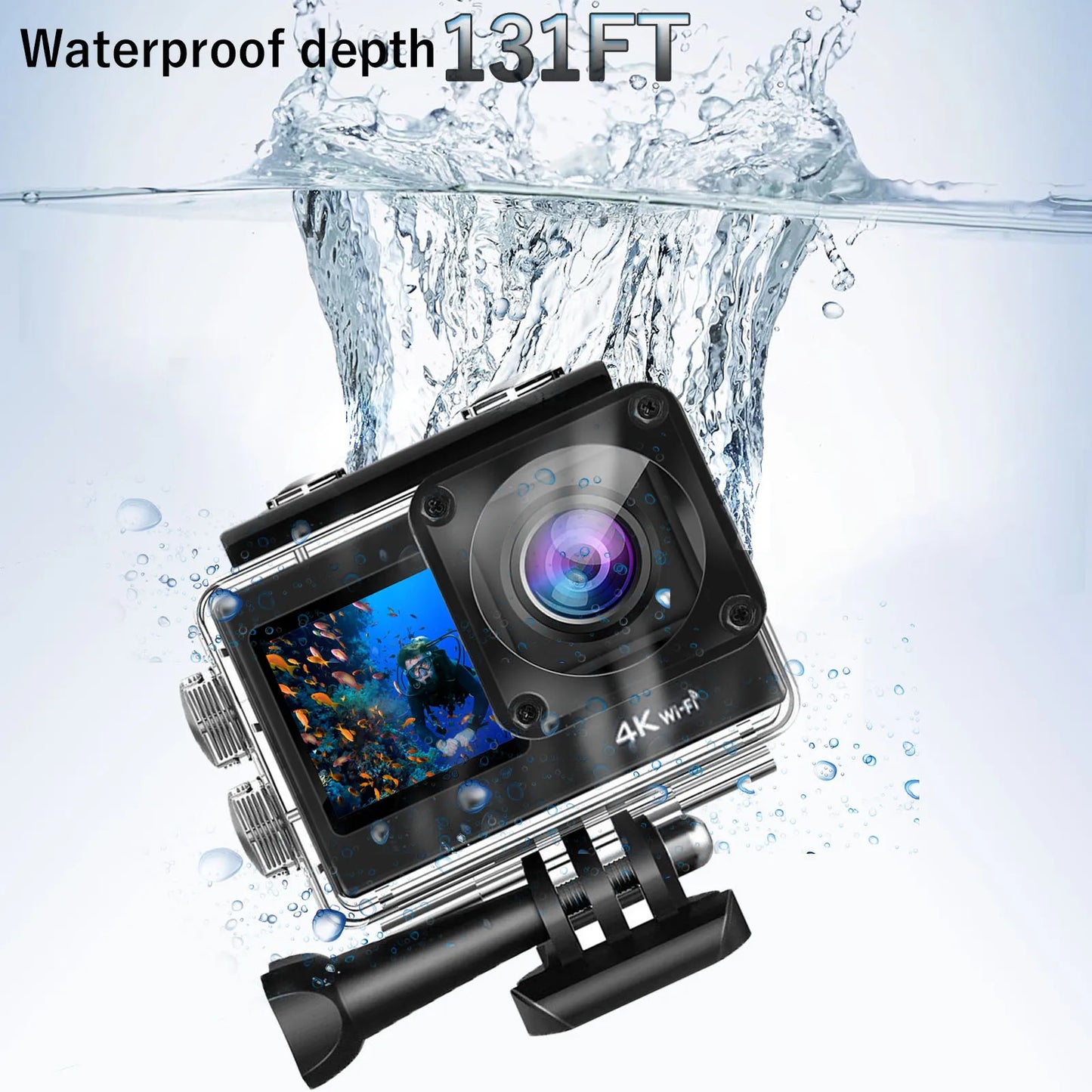 4k Action Camera WiFi Dual Screen Ultra HD 30M Underwater Camera Waterproof Camera Accessories Kits for Helmet Bicycle