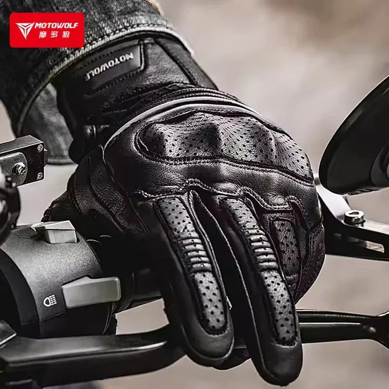 Summer Retro Perforated Leather Motorcycle Gloves Men Women Full Finger Motocross Biker Glove Guantes Moto Equipment M-XXL