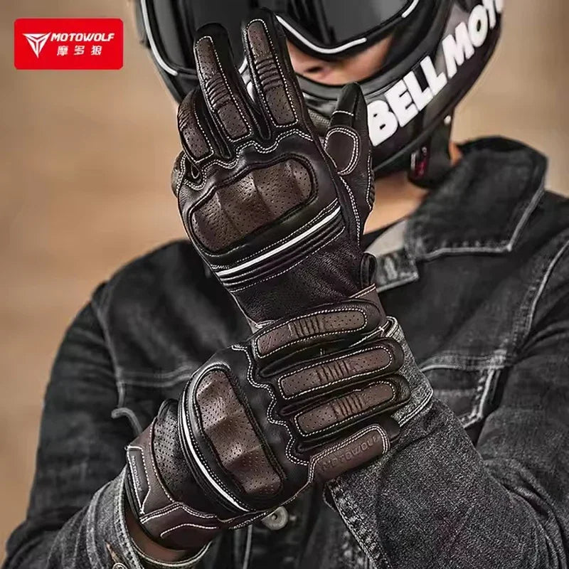 Summer Retro Perforated Leather Motorcycle Gloves Men Women Full Finger Motocross Biker Glove Guantes Moto Equipment M-XXL
