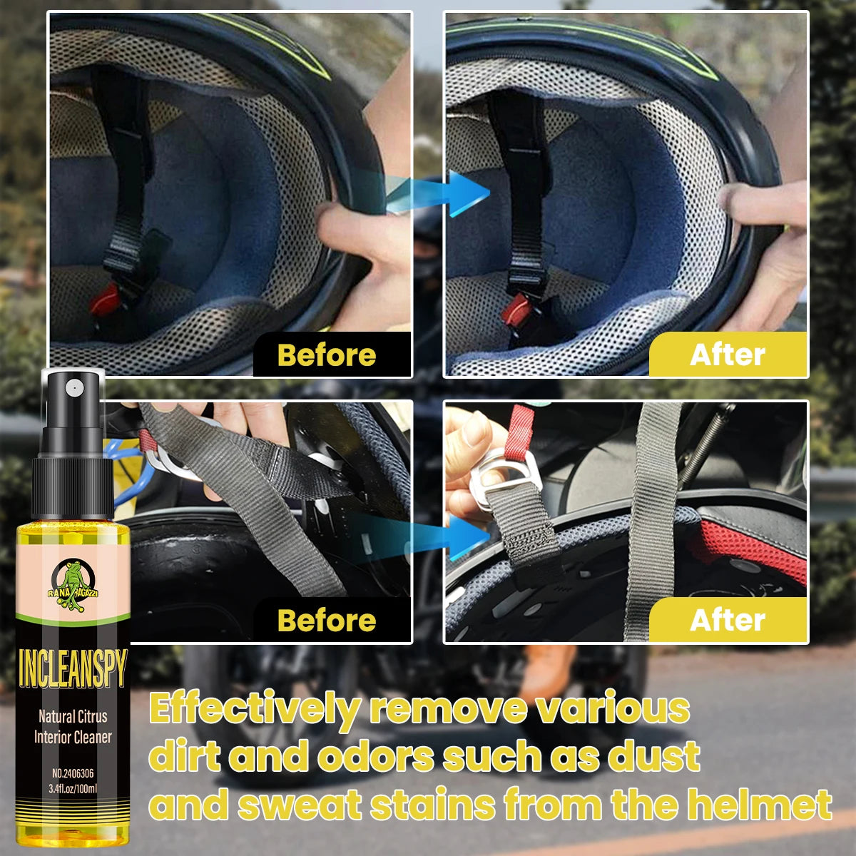 Motorcycle Helmet Cleaner Strong Decontamination Neutral pH Safe Natural Citrus Interior Cleaner Spray INCLEANSPY RG306