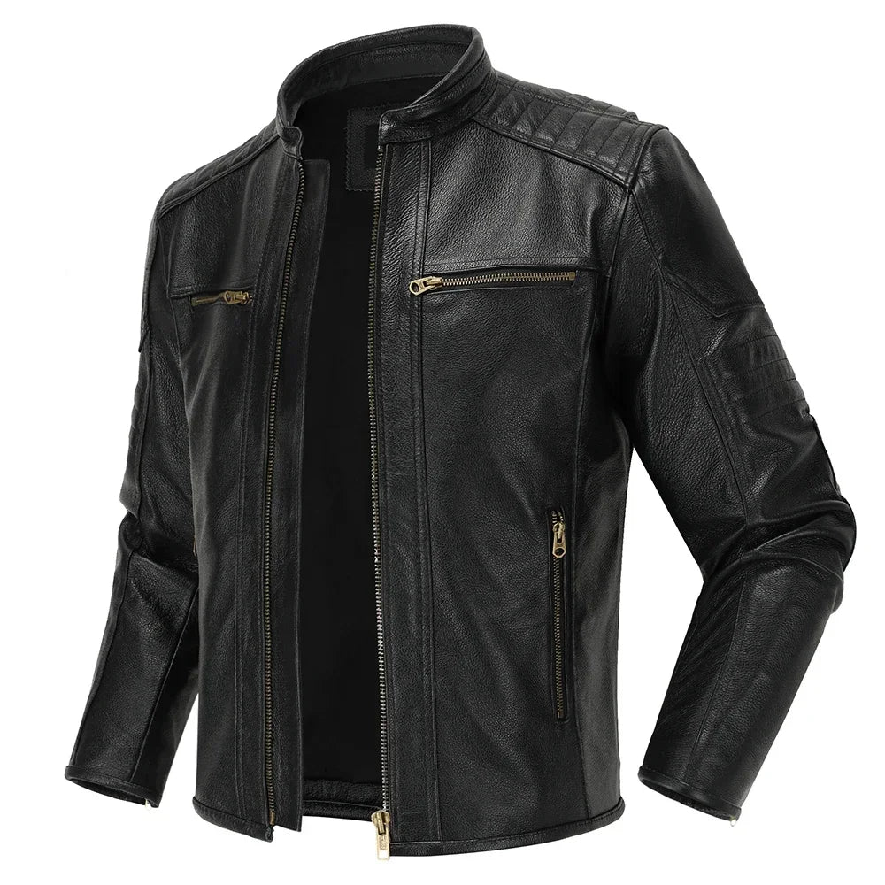 Men's Natural Leather Jacket First Layer Calfskin Stand Collar Motorcycle Jacket Retro Brown Cowhide Jacket Men‘s Biker Clothes