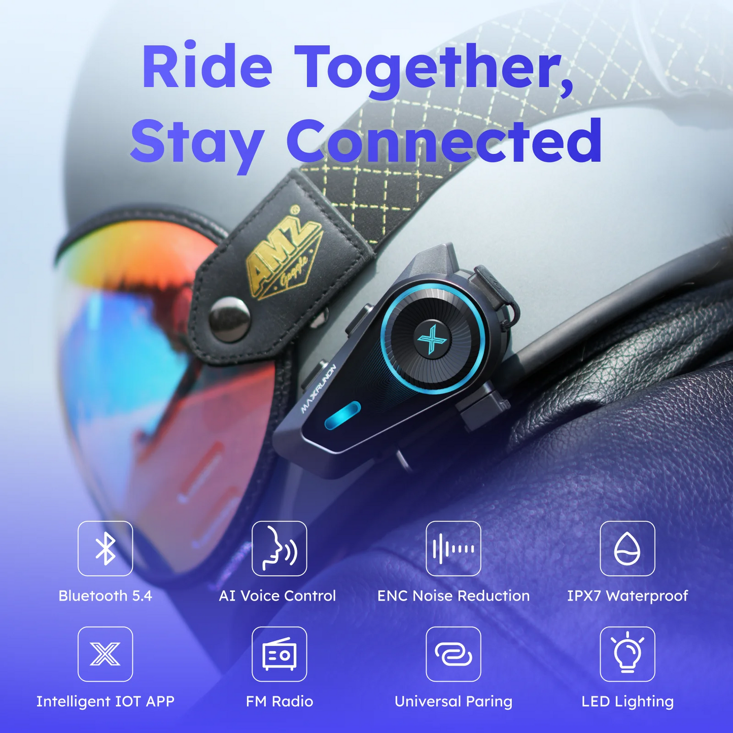 MAXRUNON D10 Motorcycle Bluetooth Intercom Helmet Headset 4 Riders Moto Group Interphone App AI Voice Control ENC IPX7 FM BT5.4