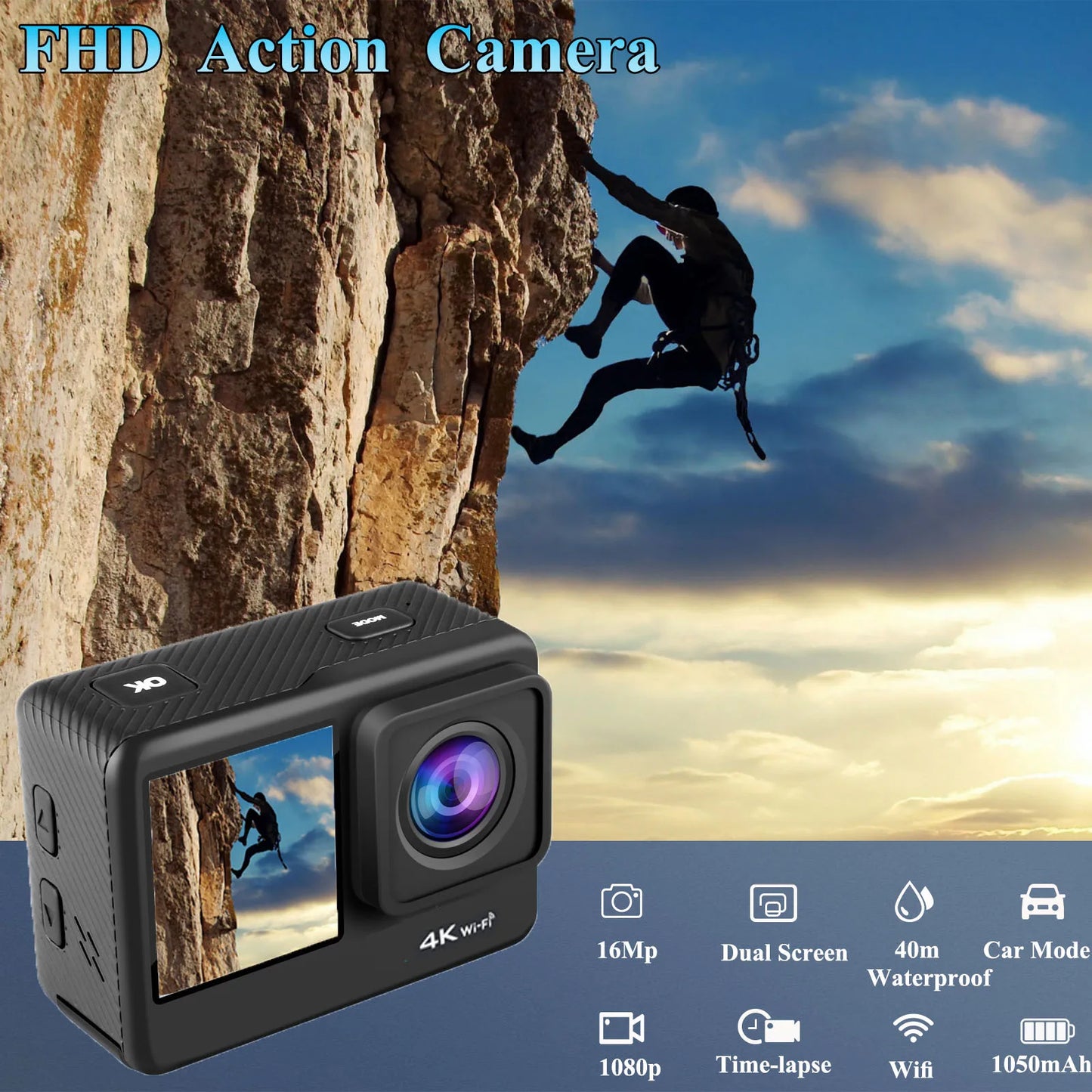 4k Action Camera WiFi Dual Screen Ultra HD 30M Underwater Camera Waterproof Camera Accessories Kits for Helmet Bicycle