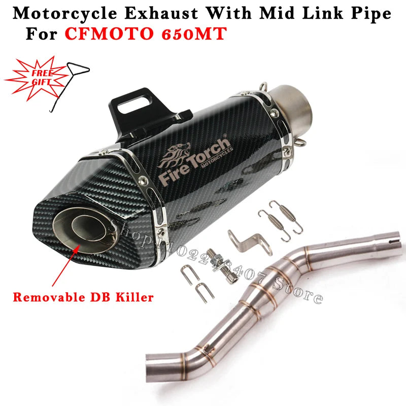 Slip On For CFMOTO 650MT 650 MT Motorcycle Exhaust System Escape Modified Carbon Fiber Muffler With Middle Link Pipe DB Killer