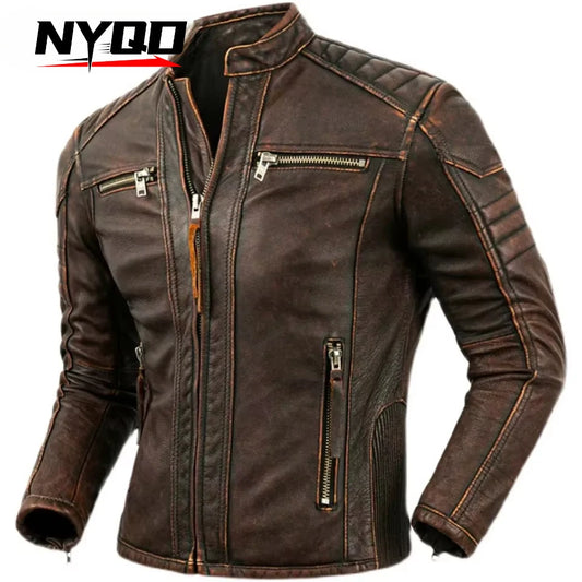 Men's Natural Leather Jacket First Layer Calfskin Stand Collar Motorcycle Jacket Retro Brown Cowhide Jacket Men‘s Biker Clothes