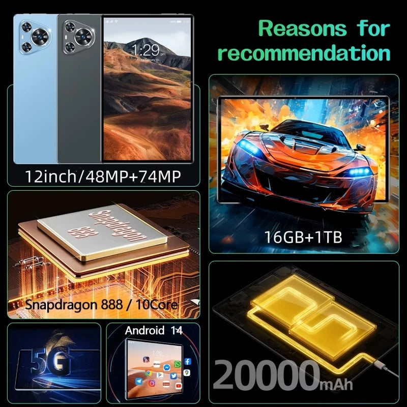 2025 Tablets Android Original Android P70 PRO Tablet 22GB + 2T 20000mAh 12 inch HD 4K Android 14 10 Core WIFI Network Tablet PC