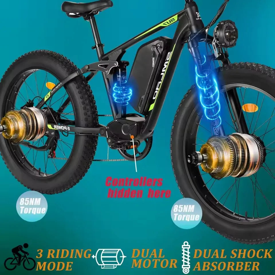 Hots Sales Su7 2000W Dual Motor Electric Bicycle, 7 Speed 35MPH MTB, 48V 22.4AH 26 ''Fat Tire Ebike with Full Suspension