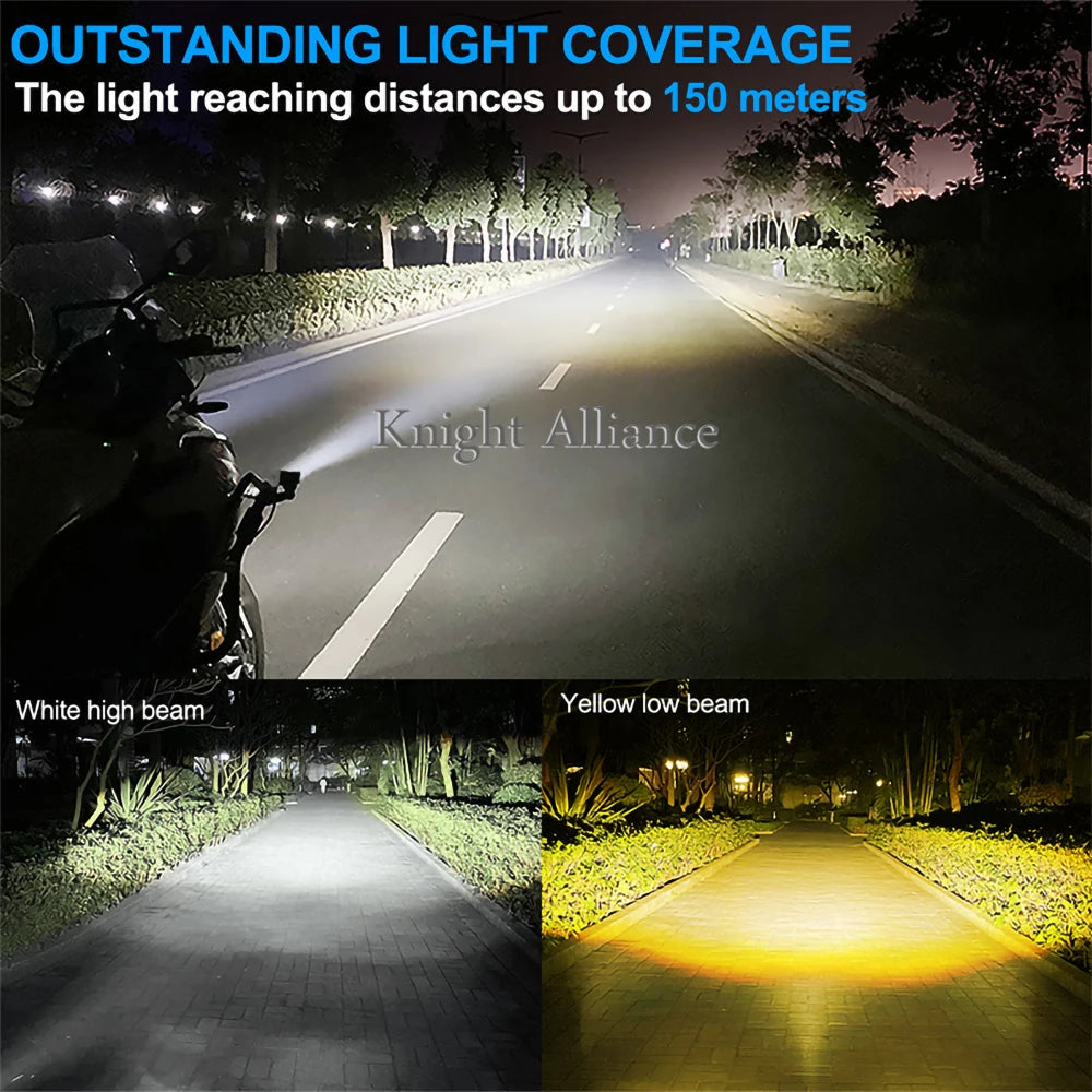 Motorcycle LED Spotlight Headlight Dual colour LED Lens Hi/Low beam Driving Spot Fog Lights External farol auxiliar moto 12V