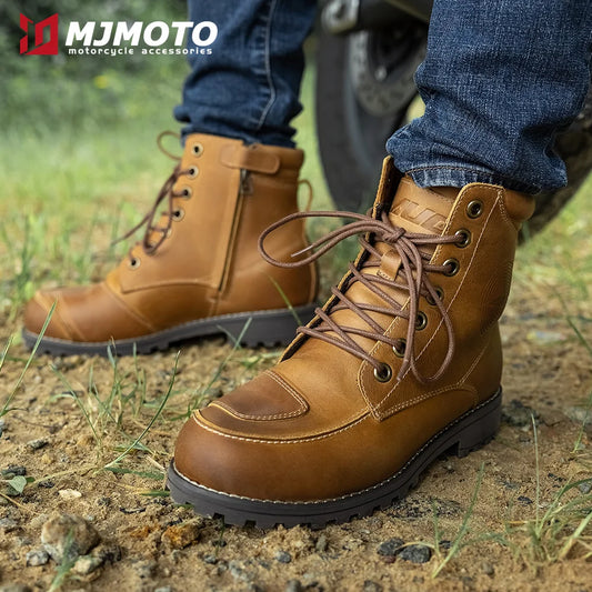 Retro Cowhide Motorcycle Boots for Men Women Anti-Fall Vintage Motocross Riding Gear Casual Wear-Resistant Commuting Footwear
