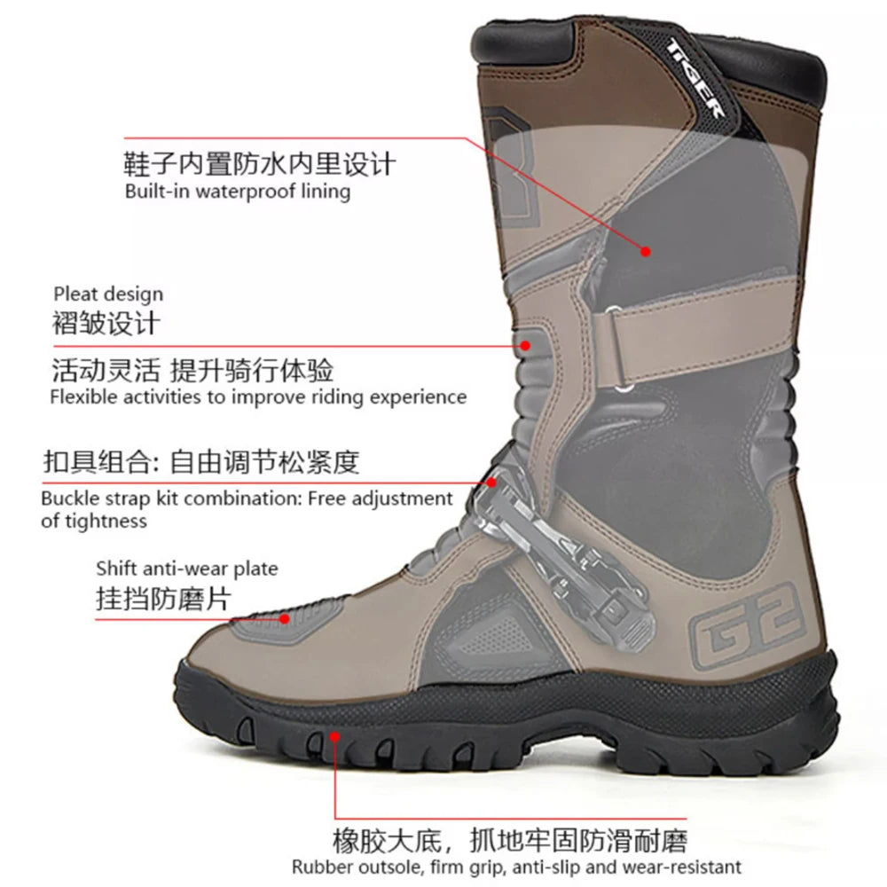 Retro Motorcycle Boots Cowhide Waterproof Mid-Calf Boots Black Botas Para Motociclista Hombre Motorbike Motocross Riding Boots