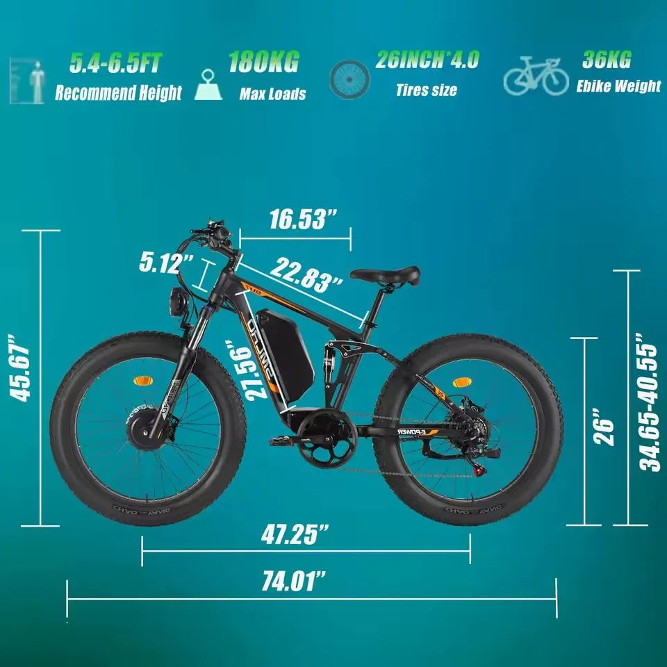 Hots Sales Su7 2000W Dual Motor Electric Bicycle, 7 Speed 35MPH MTB, 48V 22.4AH 26 ''Fat Tire Ebike with Full Suspension