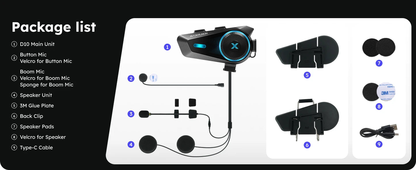 MAXRUNON D10 Motorcycle Bluetooth Intercom Helmet Headset 4 Riders Moto Group Interphone App AI Voice Control ENC IPX7 FM BT5.4