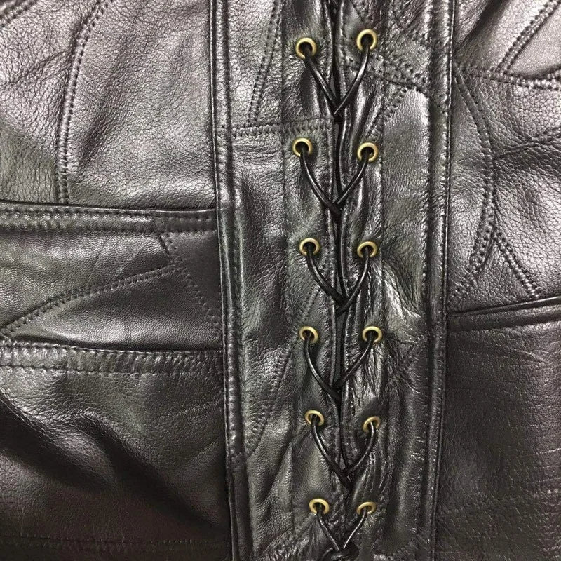 Mens Side Laces Adjustable Black Leather Motorcycle Vest Biker Vests Soft Sheepskin