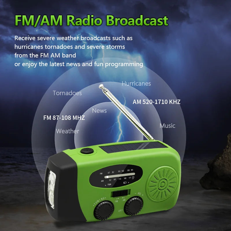 2000mAh Emergency Radio Multifunctional Solar Hand Crank portable Radio FM AM WB NOAA Weather Radio USB Charging 3 LED Flashligh