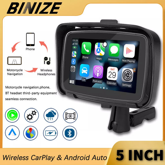 Binize 5 Inch IPS Touch Screen Portable Motorcycle Navigator Support Wireless CarPlay & Android Auto Waterproof