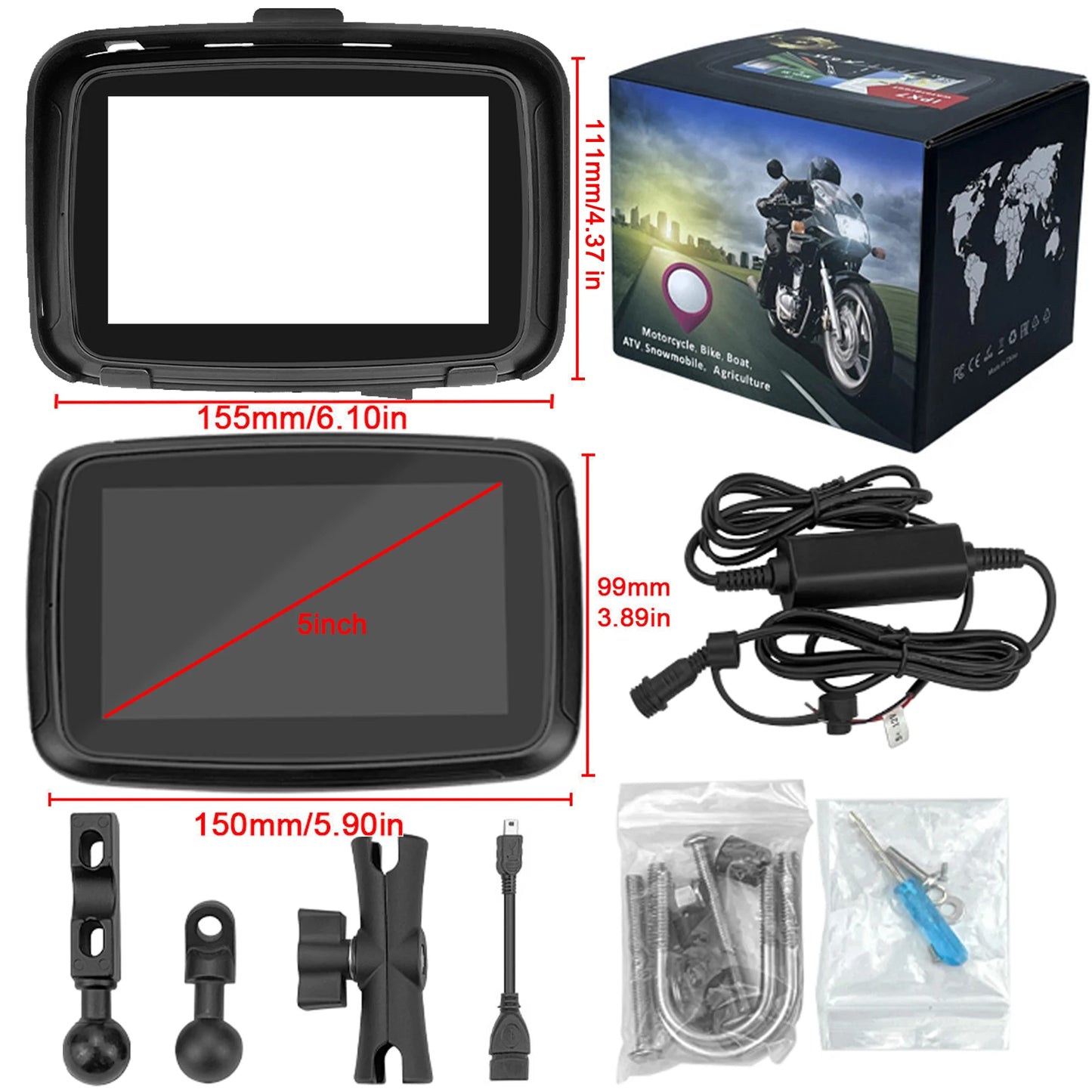 Binize 5 Inch IPS Touch Screen Portable Motorcycle Navigator Support Wireless CarPlay & Android Auto Waterproof