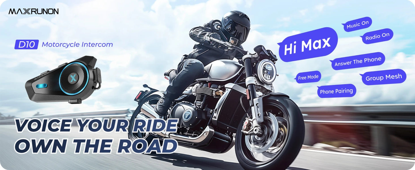MAXRUNON D10 Motorcycle Bluetooth Intercom Helmet Headset 4 Riders Moto Group Interphone App AI Voice Control ENC IPX7 FM BT5.4