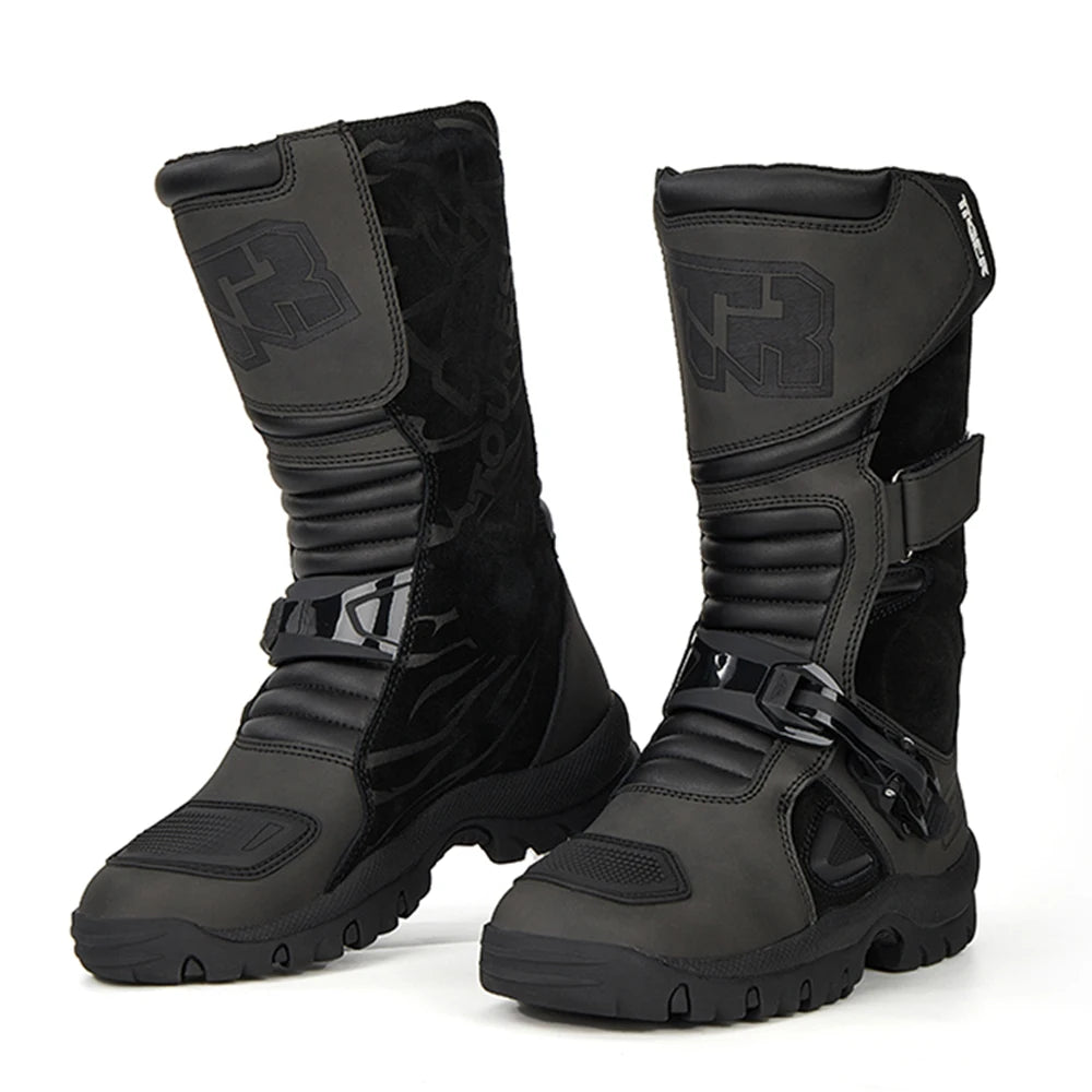 Retro Motorcycle Boots Cowhide Waterproof Mid-Calf Boots Black Botas Para Motociclista Hombre Motorbike Motocross Riding Boots