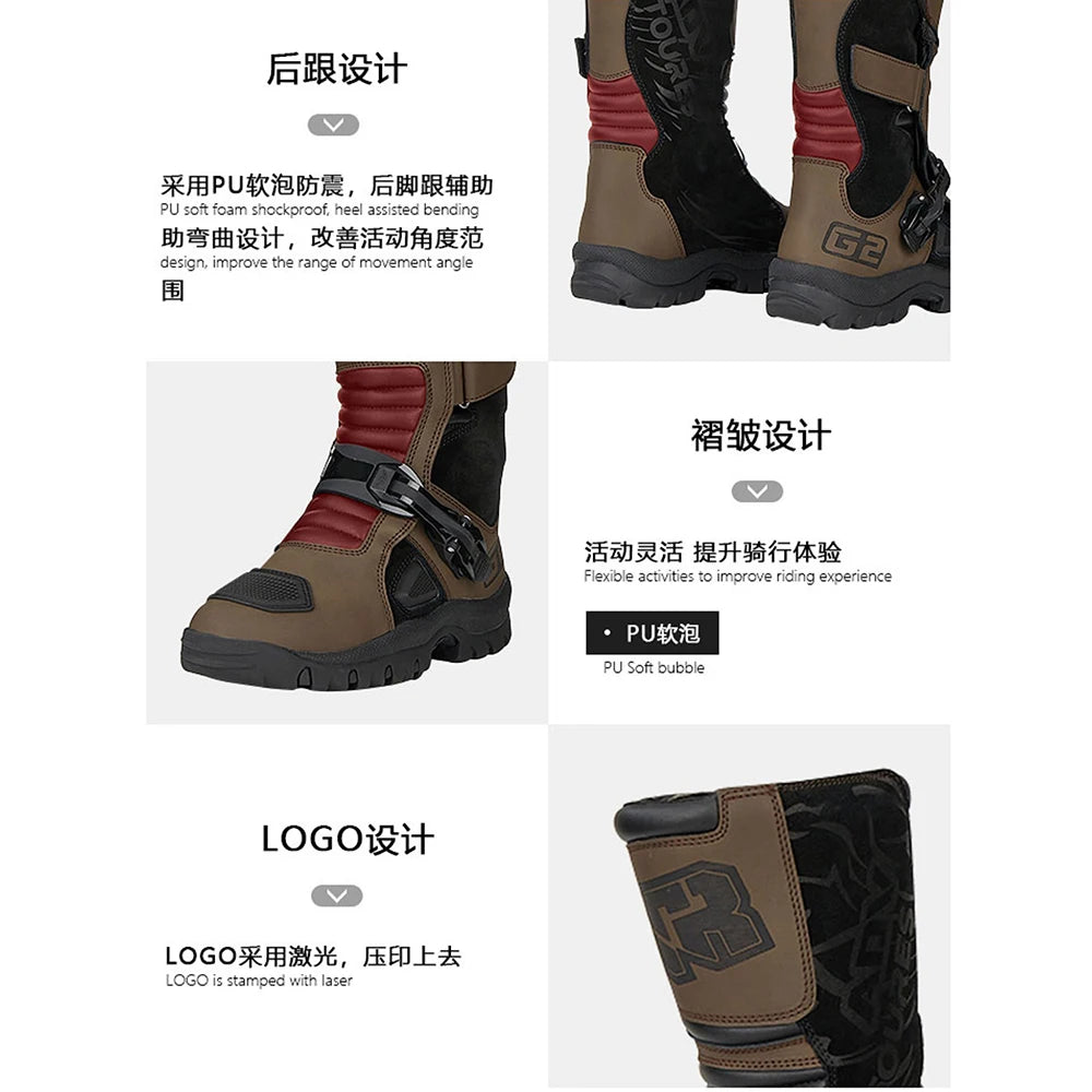 Retro Motorcycle Boots Cowhide Waterproof Mid-Calf Boots Black Botas Para Motociclista Hombre Motorbike Motocross Riding Boots