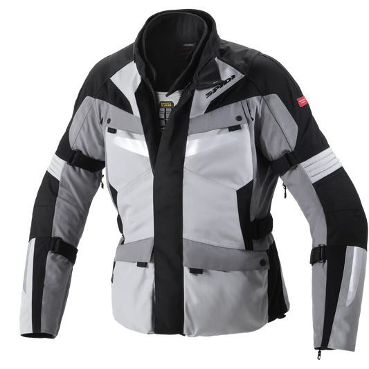 Spidi Alpentrophy H2Out Black Grey Winter Jacket for motorcycle enthusiasts features a waterproof, breathable H2Out membrane, CE certified protection, removable thermal liner, and customizable fit with reflectors for enhanced