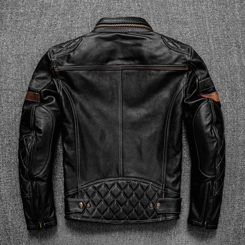 Free shipping. Brand new Pro motor biker real leather jacket.black men rider cowhide coat.quality leather cloth cuero natural