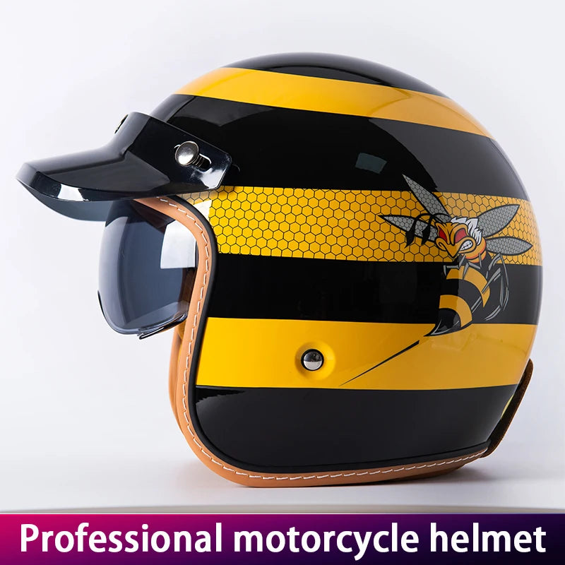 Retro Motorcycle Helmet Three-Quarter Bike Headwear for Men And Women Electric Vehicle Built-in Windshield Cruising Helmet