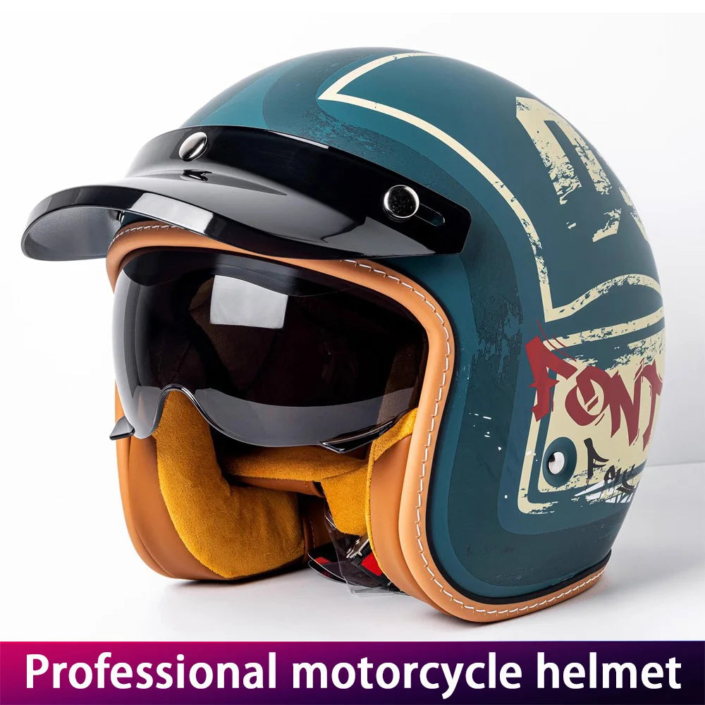 Retro Motorcycle Helmet Three-Quarter Bike Headwear for Men And Women Electric Vehicle Built-in Windshield Cruising Helmet