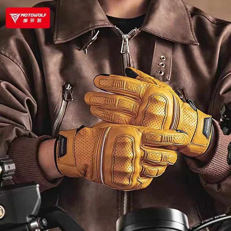 Summer Retro Perforated Leather Motorcycle Gloves Men Women Full Finger Motocross Biker Glove Guantes Moto Equipment M-XXL