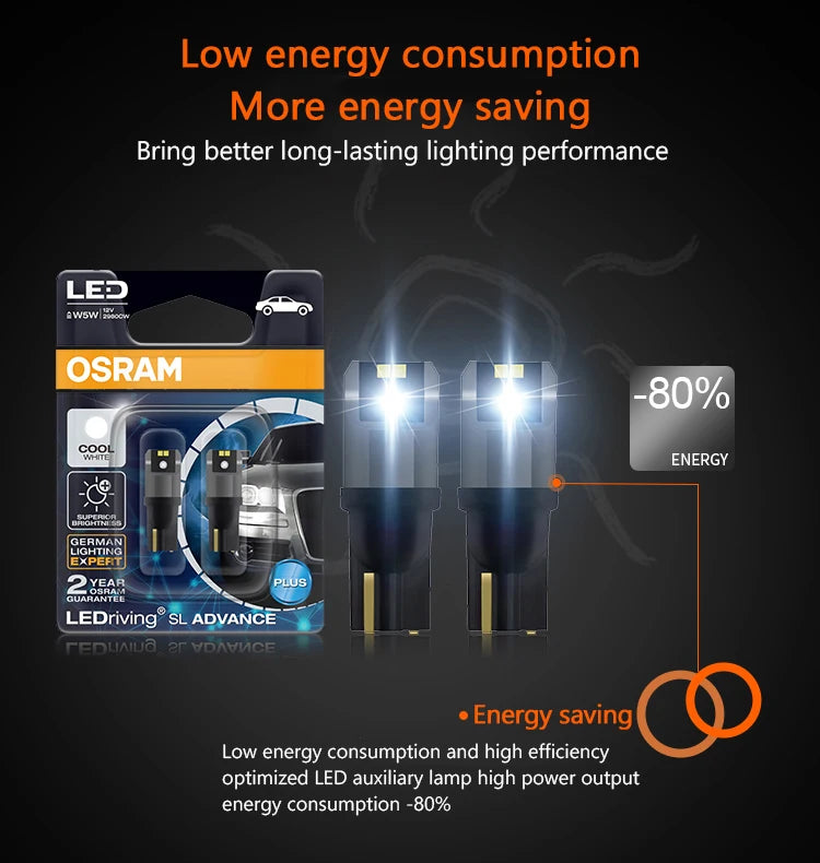 OSRAM LED T10 6000K W5W 194 LEDriving SL Advance 6000K White Car Reading Bulbs Door Lamps Interior Light 12V 1.5W 2980CW, Pair