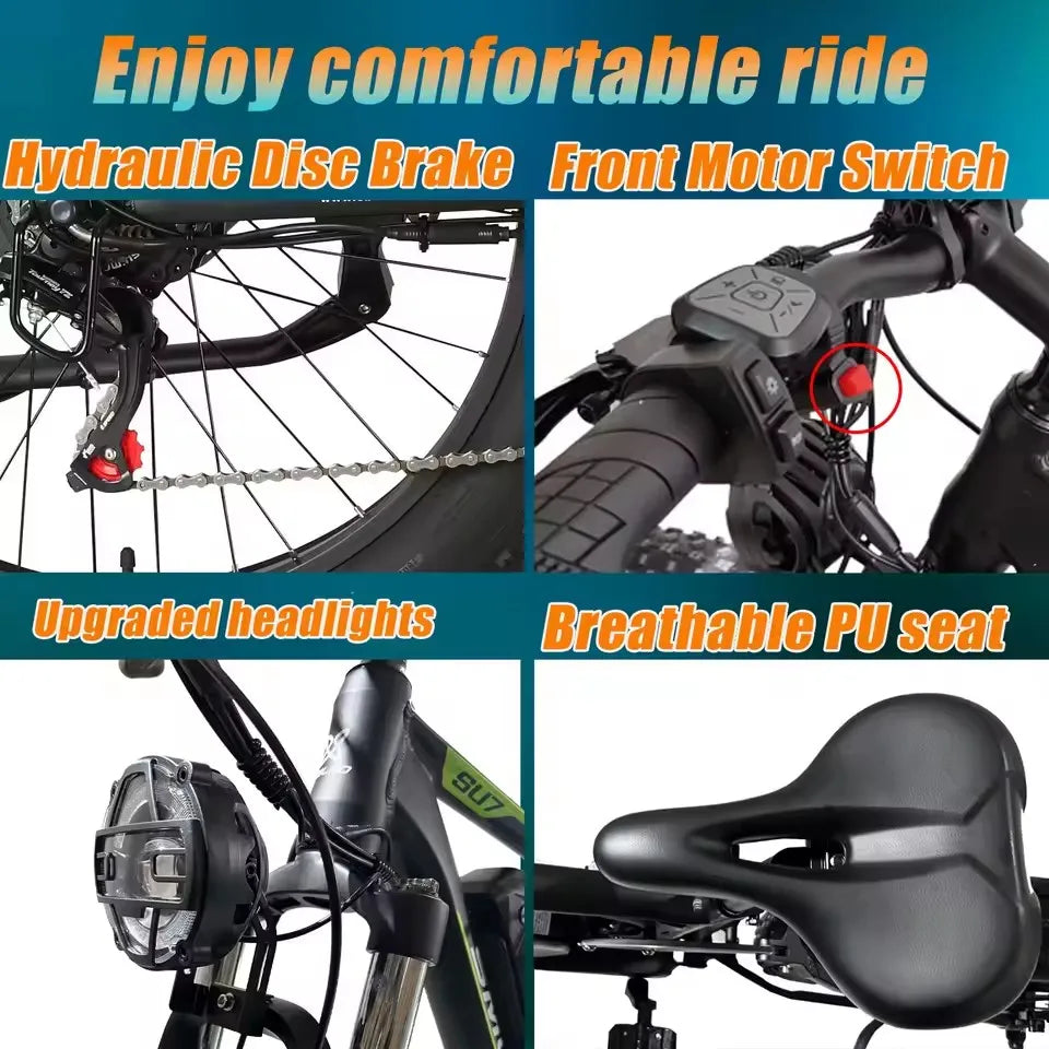Hots Sales Su7 2000W Dual Motor Electric Bicycle, 7 Speed 35MPH MTB, 48V 22.4AH 26 ''Fat Tire Ebike with Full Suspension