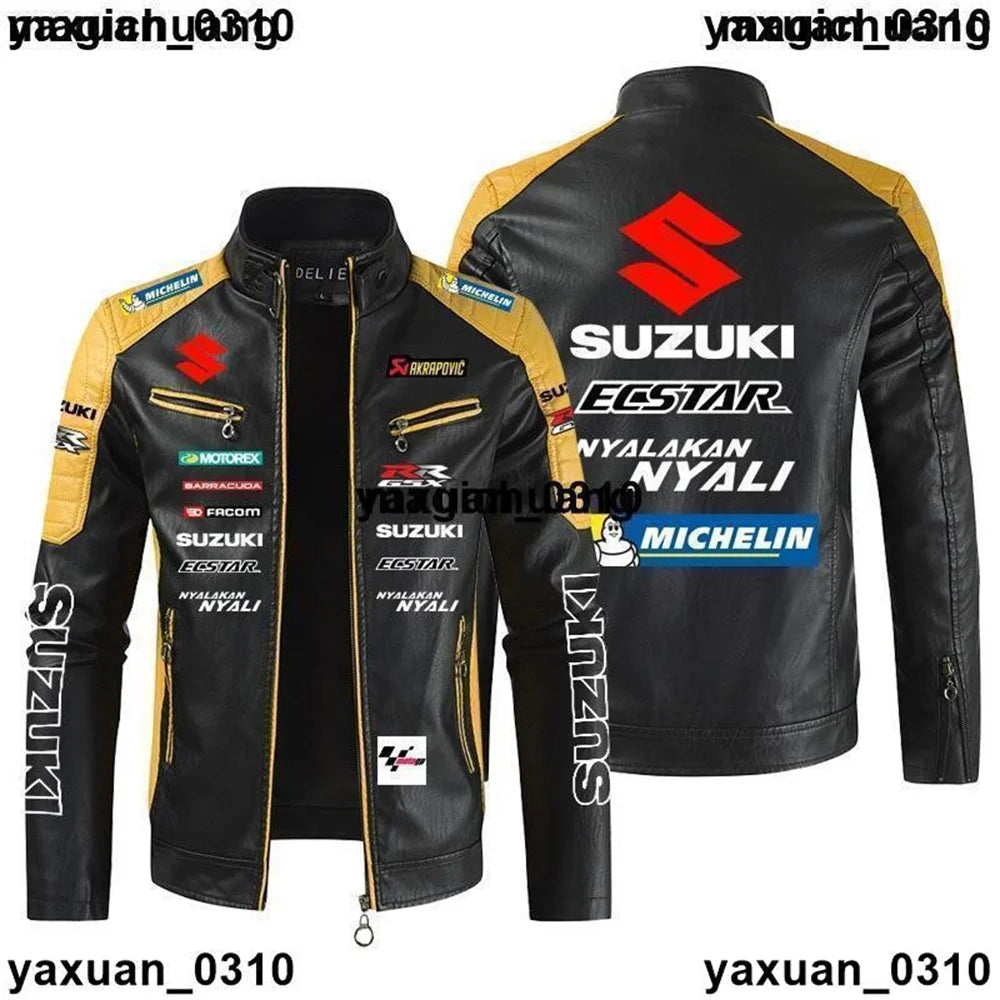 Men's PU high-end light luxury SUZUKI logo leather jacket autumn and winter stand collar motorcycle racing suit