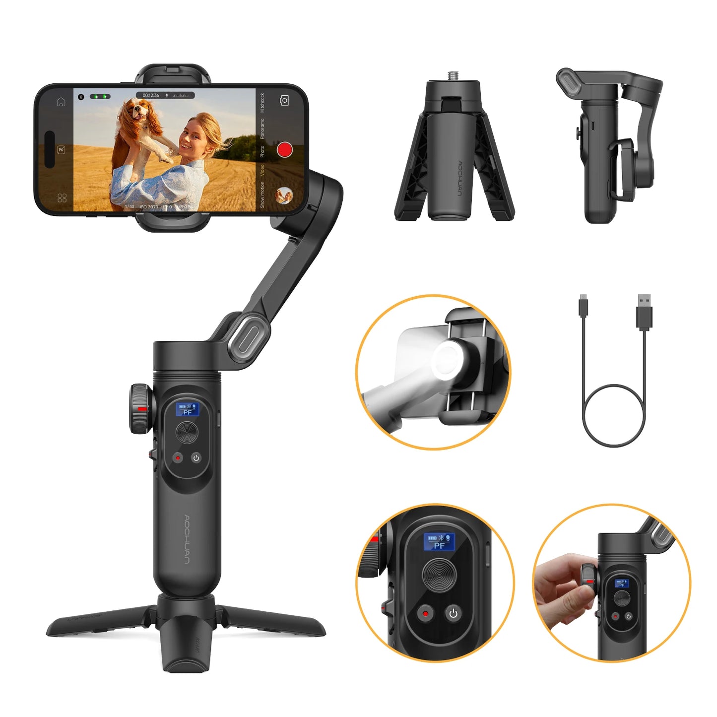 AOCHUAN Smart XPro Smartphone Gimbal Stabilizer LED Lights OLED ScreenThree Axis Gimbal Gesture Controls for Android and iPhone