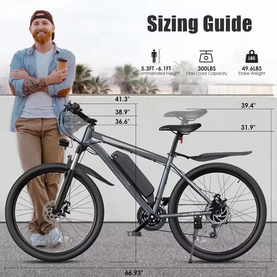 Electric Bike, Peak 1000W Ebike, 26 "Electric Mountain Bike 48V 374.4WH Battery with Adjustable Stemm, Commuter E Bike