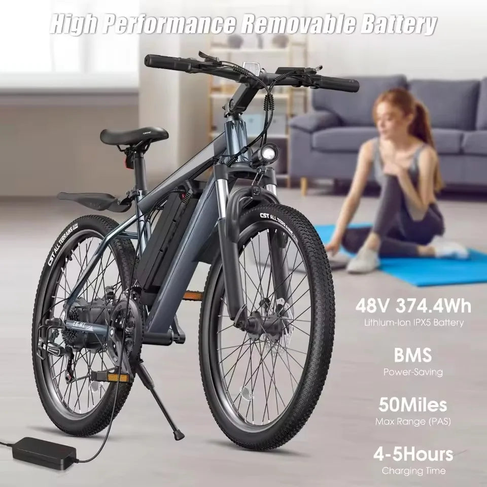 Electric Bike, Peak 1000W Ebike, 26 "Electric Mountain Bike 48V 374.4WH Battery with Adjustable Stemm, Commuter E Bike