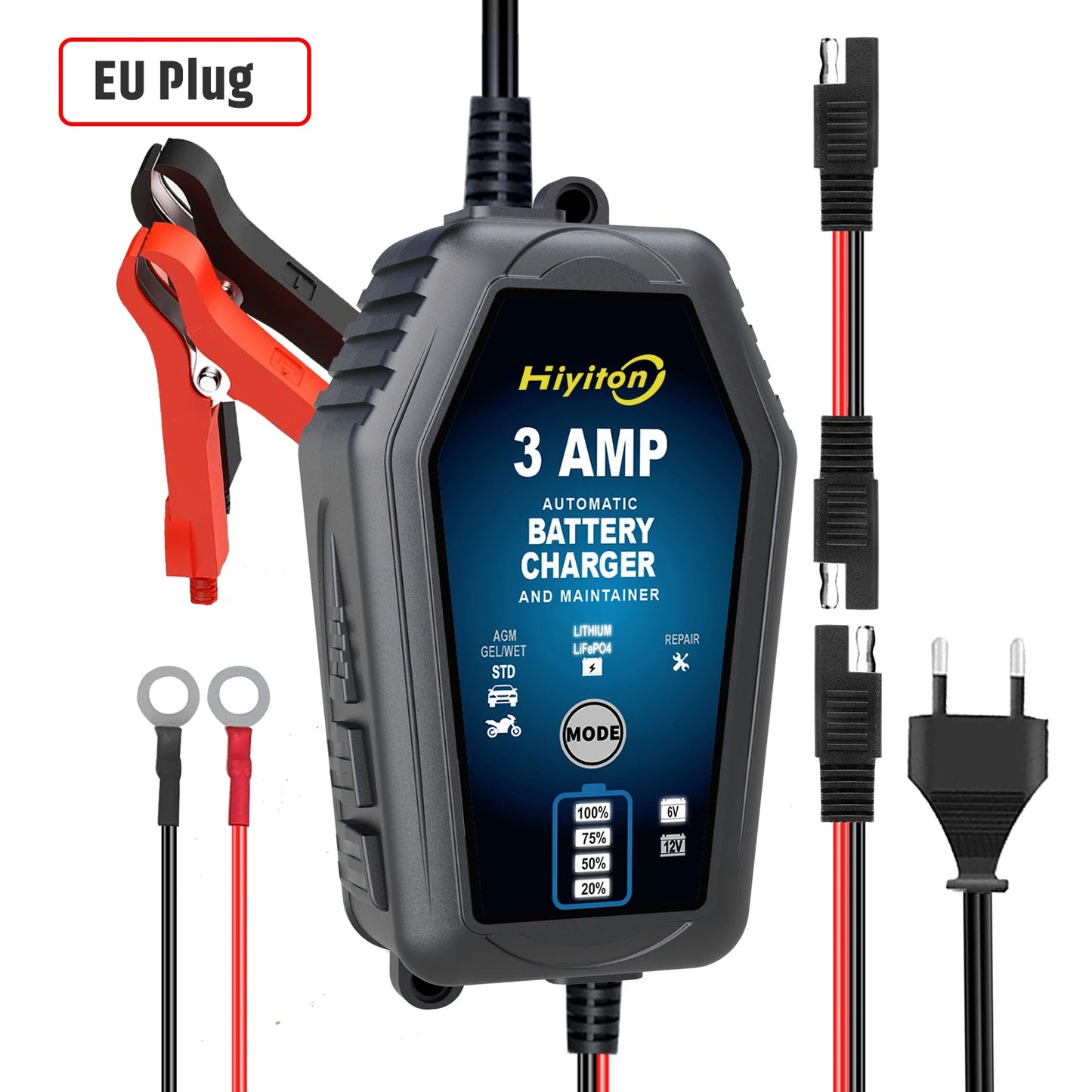 Hiyiton 6V 12V 3000mA Car Motorcycle Smart Battery Charger for Lithium LiFePO4 Lead-Acid Battery Pluse Repair Charge Maintainer
