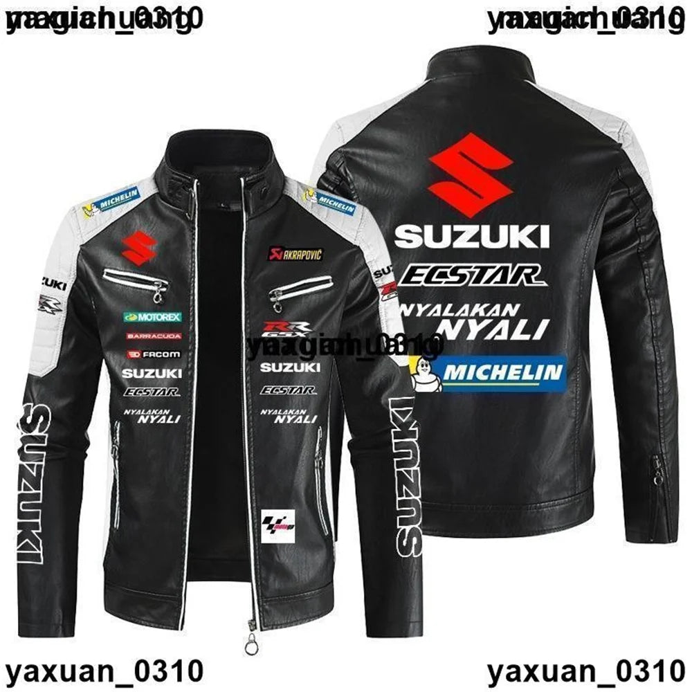 Men's PU high-end light luxury SUZUKI logo leather jacket autumn and winter stand collar motorcycle racing suit