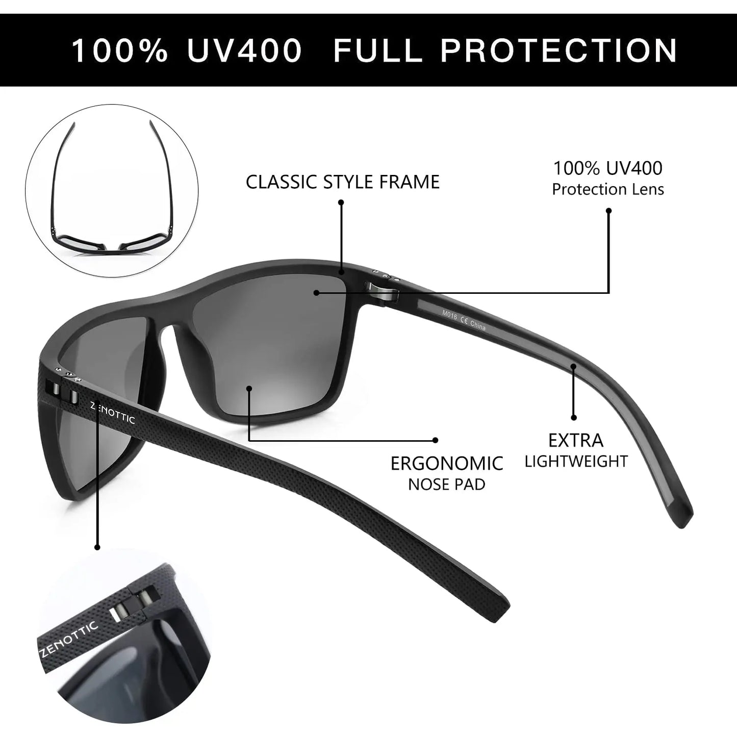 ZENOTTIC Retro Square Polarized Sunglasses Fashion Shade Women Men Ultra light TR90 Frame UV400 Protection Classics Sun Glasses