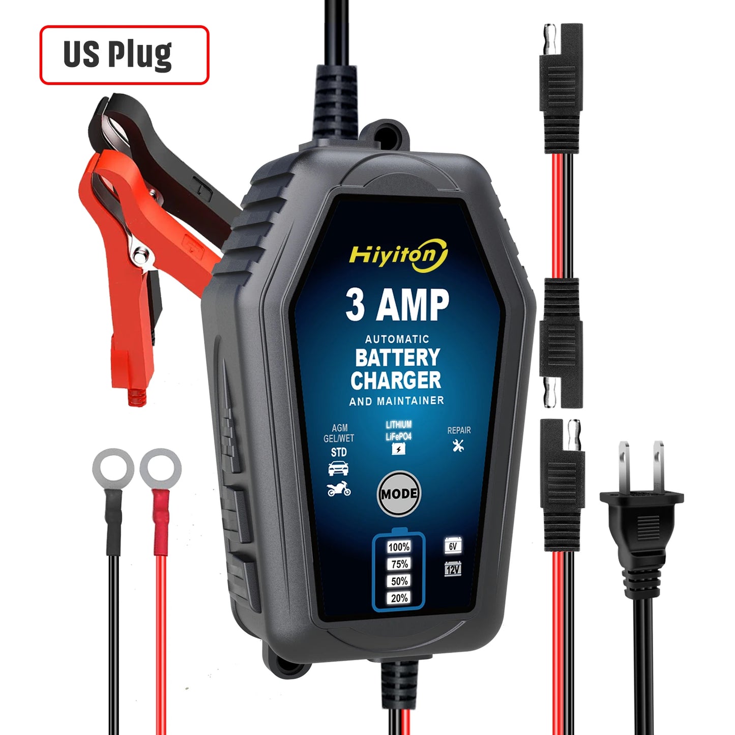 Hiyiton 6V 12V 3000mA Car Motorcycle Smart Battery Charger for Lithium LiFePO4 Lead-Acid Battery Pluse Repair Charge Maintainer