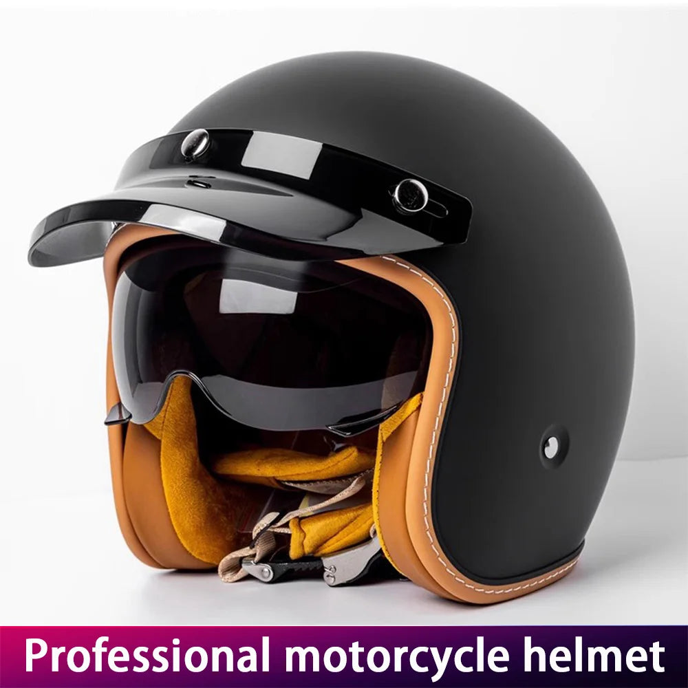 Retro Motorcycle Helmet Three-Quarter Bike Headwear for Men And Women Electric Vehicle Built-in Windshield Cruising Helmet