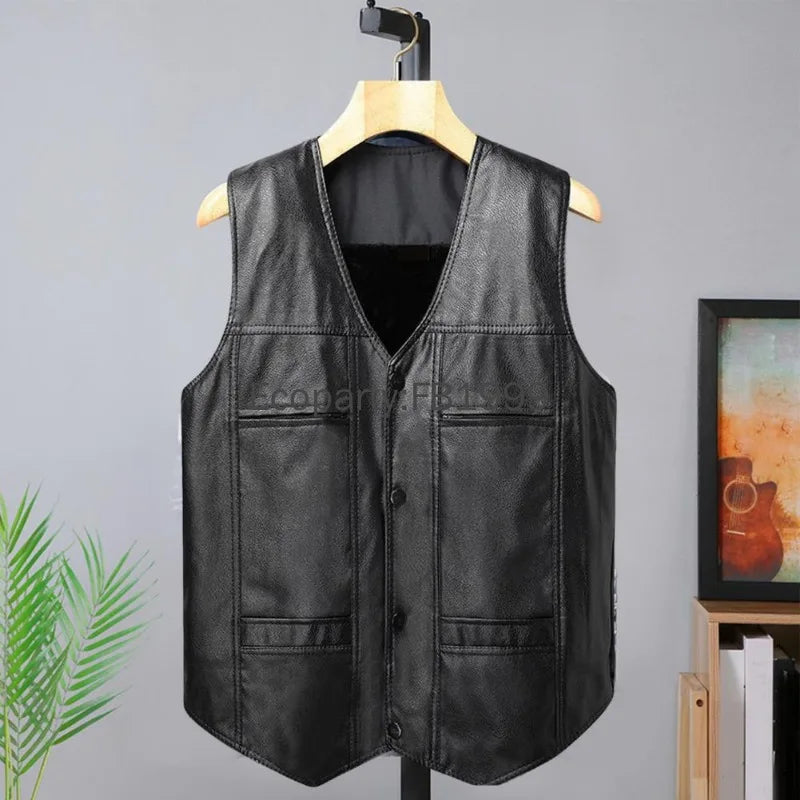 New Men Fashion Pu Leather Punk Biker Vest Spring Autumn Sleeveless Jacket For Men Black V-neck Pocket Motorcycle Waistcoat Male