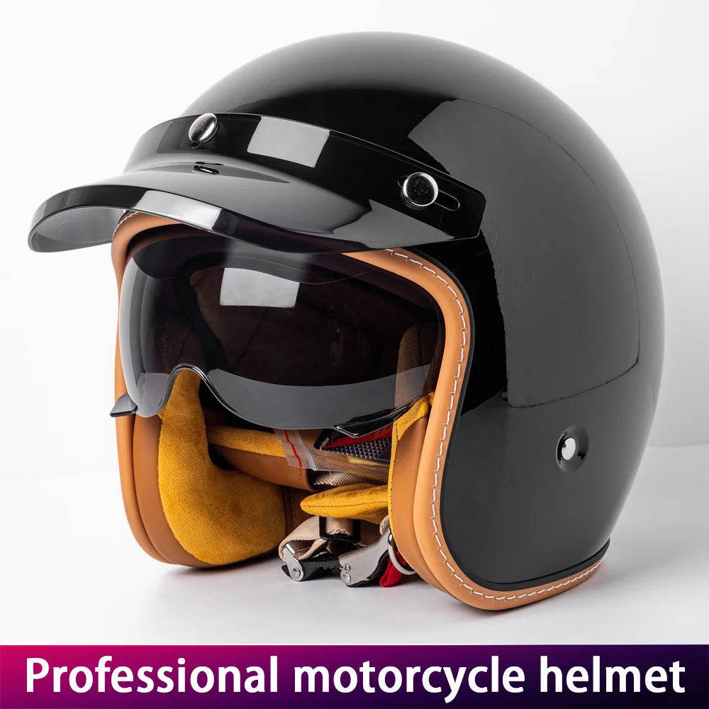 Retro Motorcycle Helmet Three-Quarter Bike Headwear for Men And Women Electric Vehicle Built-in Windshield Cruising Helmet