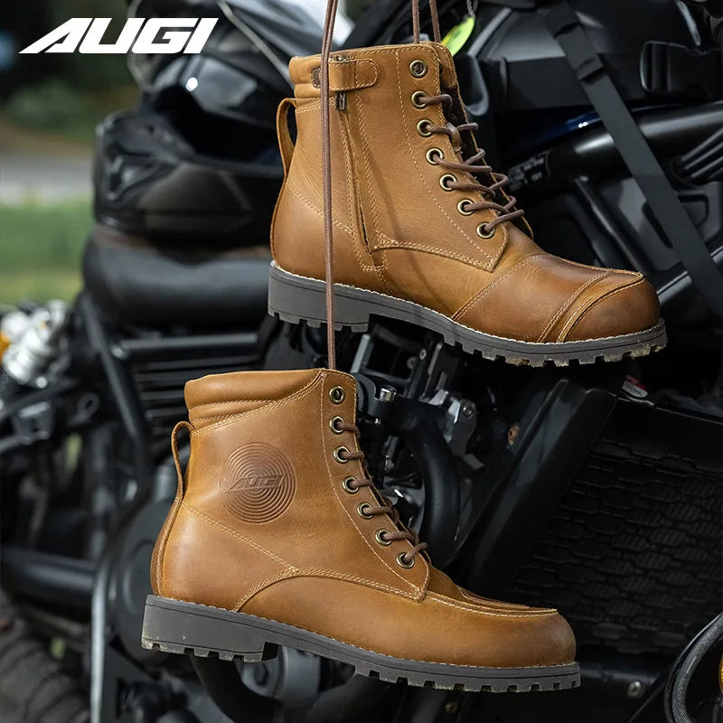 Retro Cowhide Motorcycle Boots for Men Women Anti-Fall Vintage Motocross Riding Gear Casual Wear-Resistant Commuting Footwear