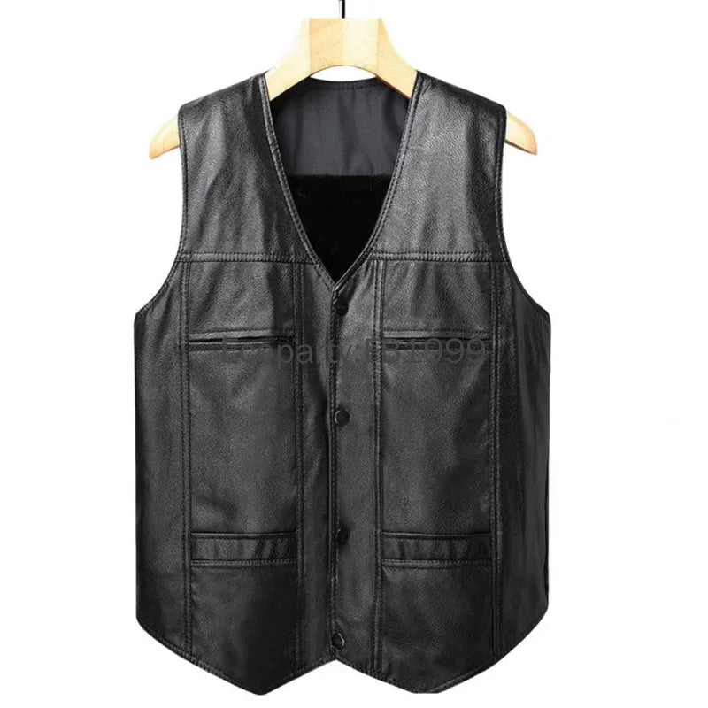 New Men Fashion Pu Leather Punk Biker Vest Spring Autumn Sleeveless Jacket For Men Black V-neck Pocket Motorcycle Waistcoat Male
