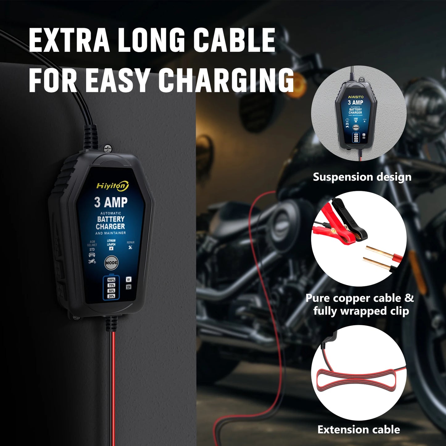 Hiyiton 6V 12V 3000mA Car Motorcycle Smart Battery Charger for Lithium LiFePO4 Lead-Acid Battery Pluse Repair Charge Maintainer