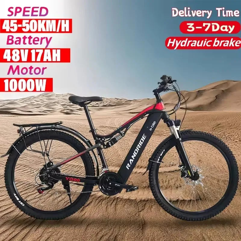 RANDRIDE YG90 Electric Bicycle 1000W 48V17AH Hydraulic Brake Ebike with Full Suspension 21 Gears Shift Free Rack
