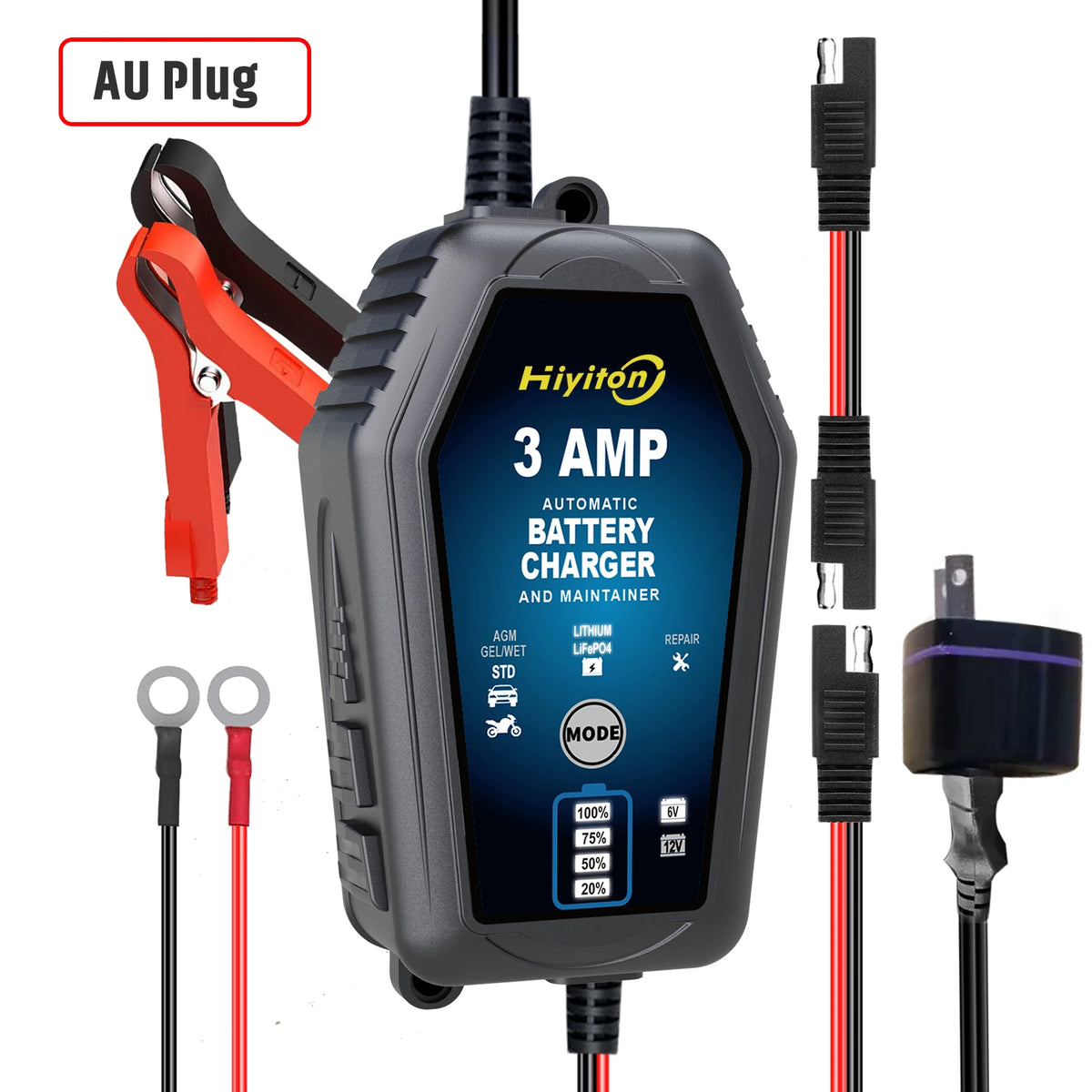 Hiyiton 6V 12V 3000mA Car Motorcycle Smart Battery Charger for Lithium LiFePO4 Lead-Acid Battery Pluse Repair Charge Maintainer